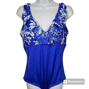 Gabar One Piece Swimsuit Royal Blue & Floral, V Neck with Ruffle Women's Size 14